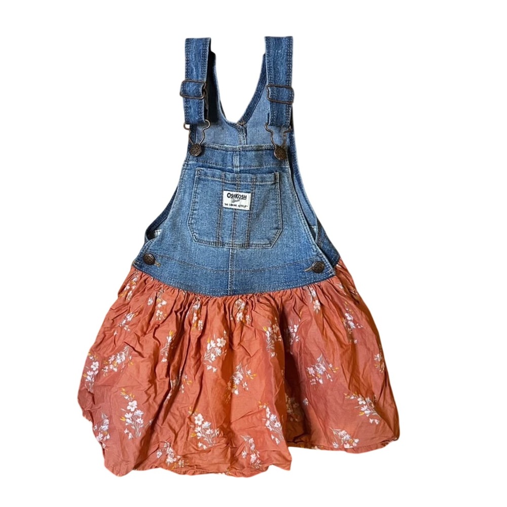 OshKosh B'gosh Overall Dress 4T Pink Blue Denim Floral Skirt Bib Pinafore